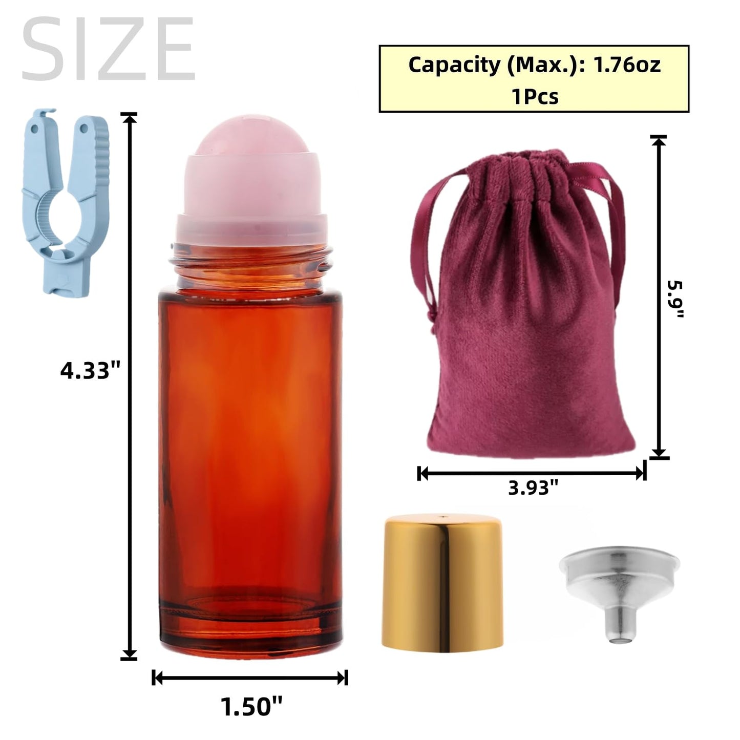 Roller Ball Applicator,Rose Quartz Roller Bottle,50ml Refillable Amber Glass Roll On Bottles with Natural Crystal Roller Balls,Leak-Proof Travel Perfume Bottle with Gold Caps (Pink)