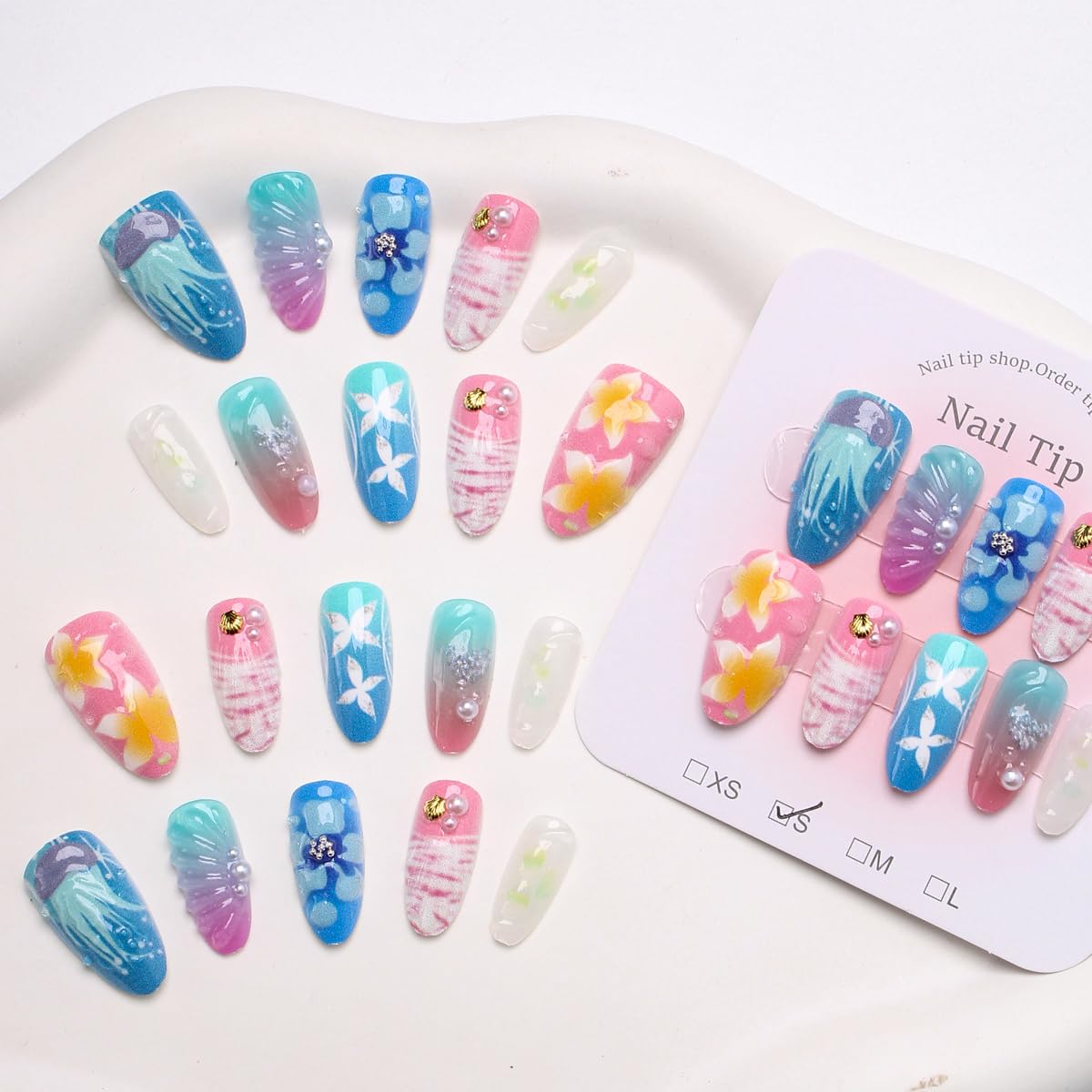 30Pcs Summer Beach Press On Nails - Medium Almond Shaped 3D Jellyfish & Flower Design | Reusable Pink & Blue Acrylics