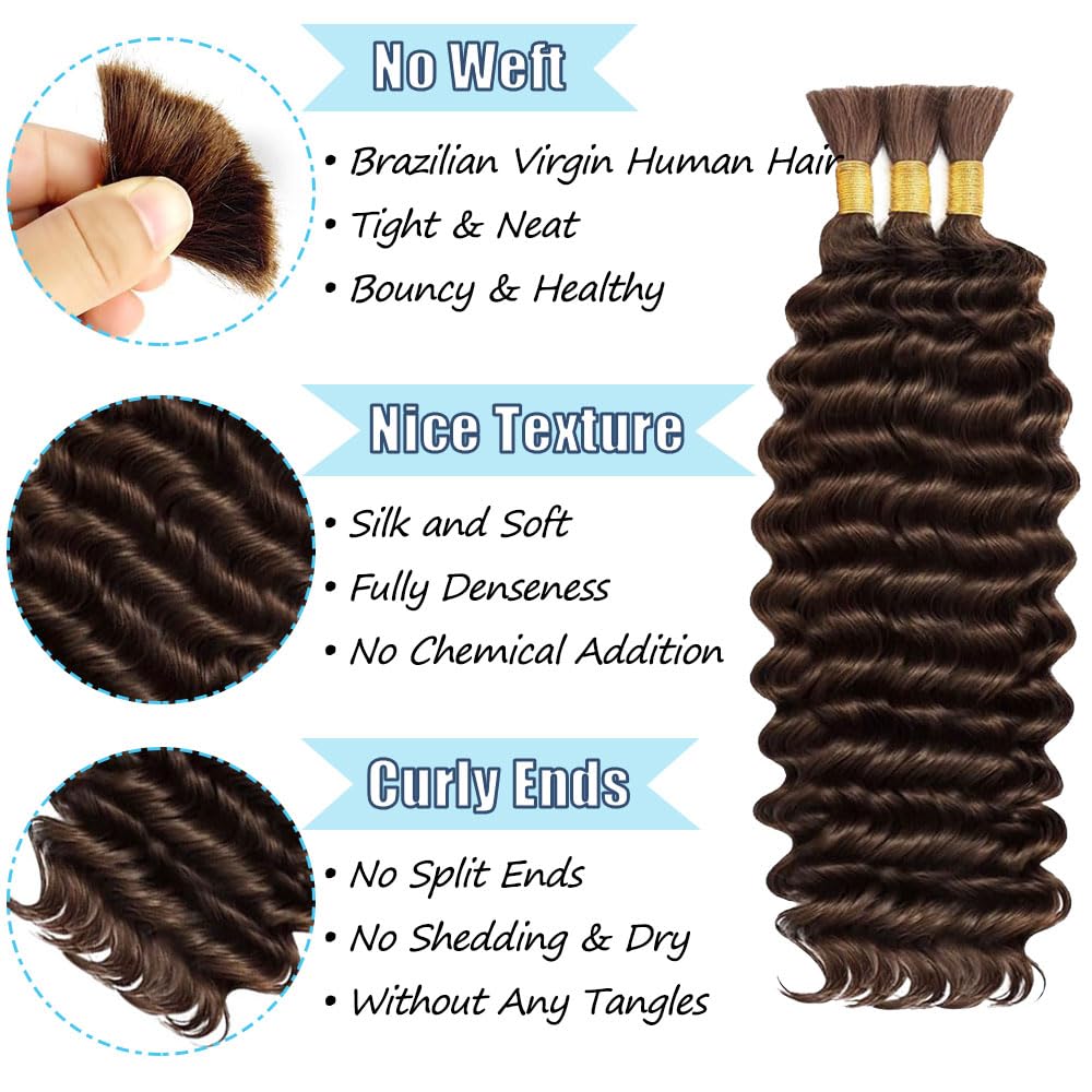 Color 4 Human Braiding Hair For Boho Braids Dark Brown Loose Deep Wave Bulk For Boho Braids 150G 20 Inch Chocolate Brown Curly Bohemian Hair For Braiding