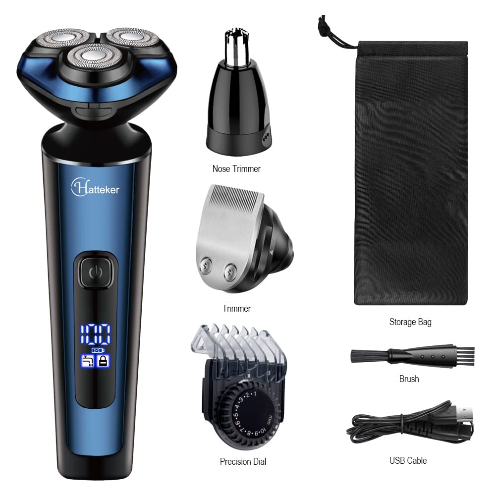 Hatteker Mens Electric Shavers Razor Beard Trimmer Rotary Facail Head Shaver for Men Sideburn Trimmer Nose Trimmer Wet Dry IPX7 Waterproof Rechargeable Cordless 3 in 1