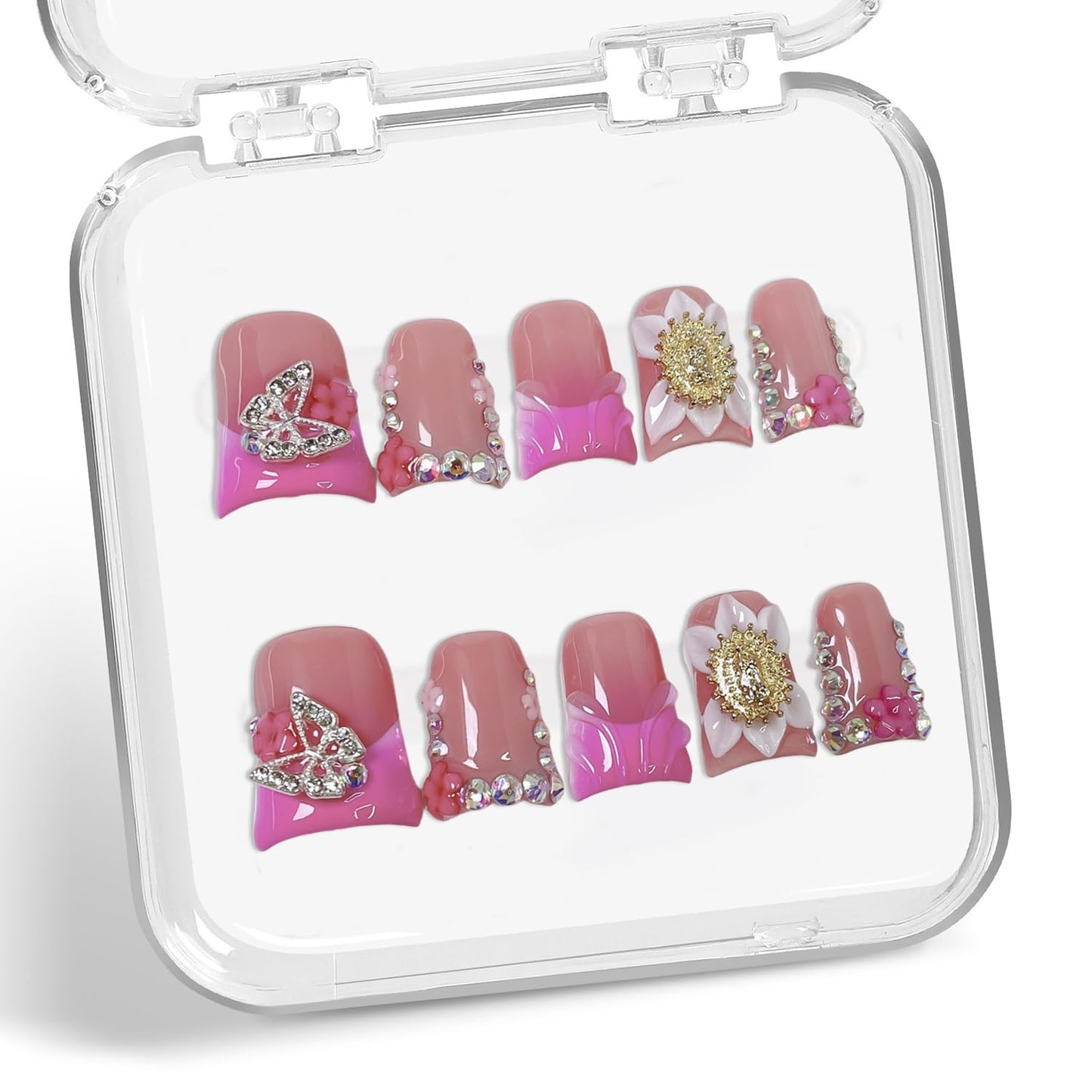 Colorful 3D Flower Press-On Nails - Handmade Thick Acrylic Full Cover | White French Tip (Medium)