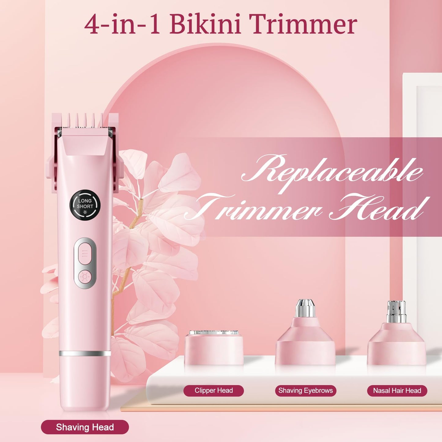 Bikini Trimmer for Women, 4 in 1 Wet/Dry Electric Razors for Women - Dual Head, Painless Rechargeable Portable Womens Razors for Shaving Set for Face, Nose, Eyebrows, Armpits, Bikini Area (Pink)
