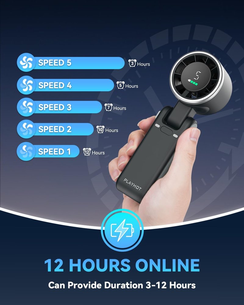 Portable Handheld Turbo Fan - USB-C Rechargeable, 5-Speed Cooling | 12-Hour Battery Life, Ideal for Travel & Outdoor Activities (Black)