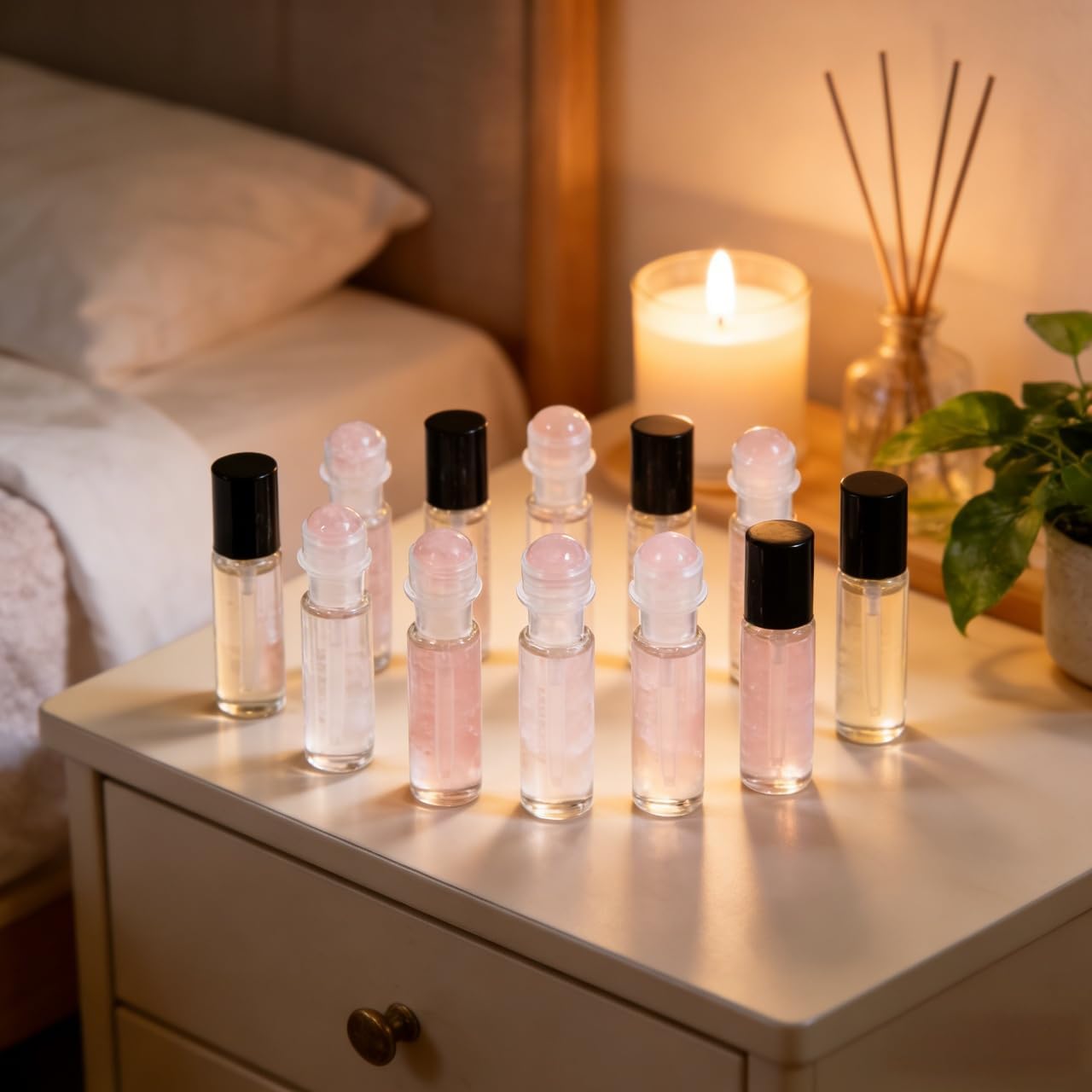 Essential Oil Roller Ball Tops - 9Pcs Replacement Rollers with Rose Quartz Applicator for 10ml Bottles | Aromatherapy DIY Blends
