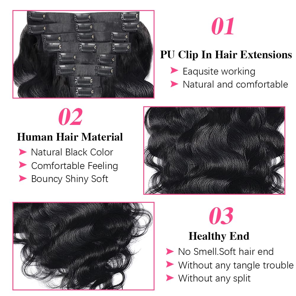 Seamless Body Wave Clip Ins PU Weft Clip In Hair Extensions Real Human Hair Clip Ins 16 Inch 100% Unprocessed Human Hair Extensions 8pcs/set 120g