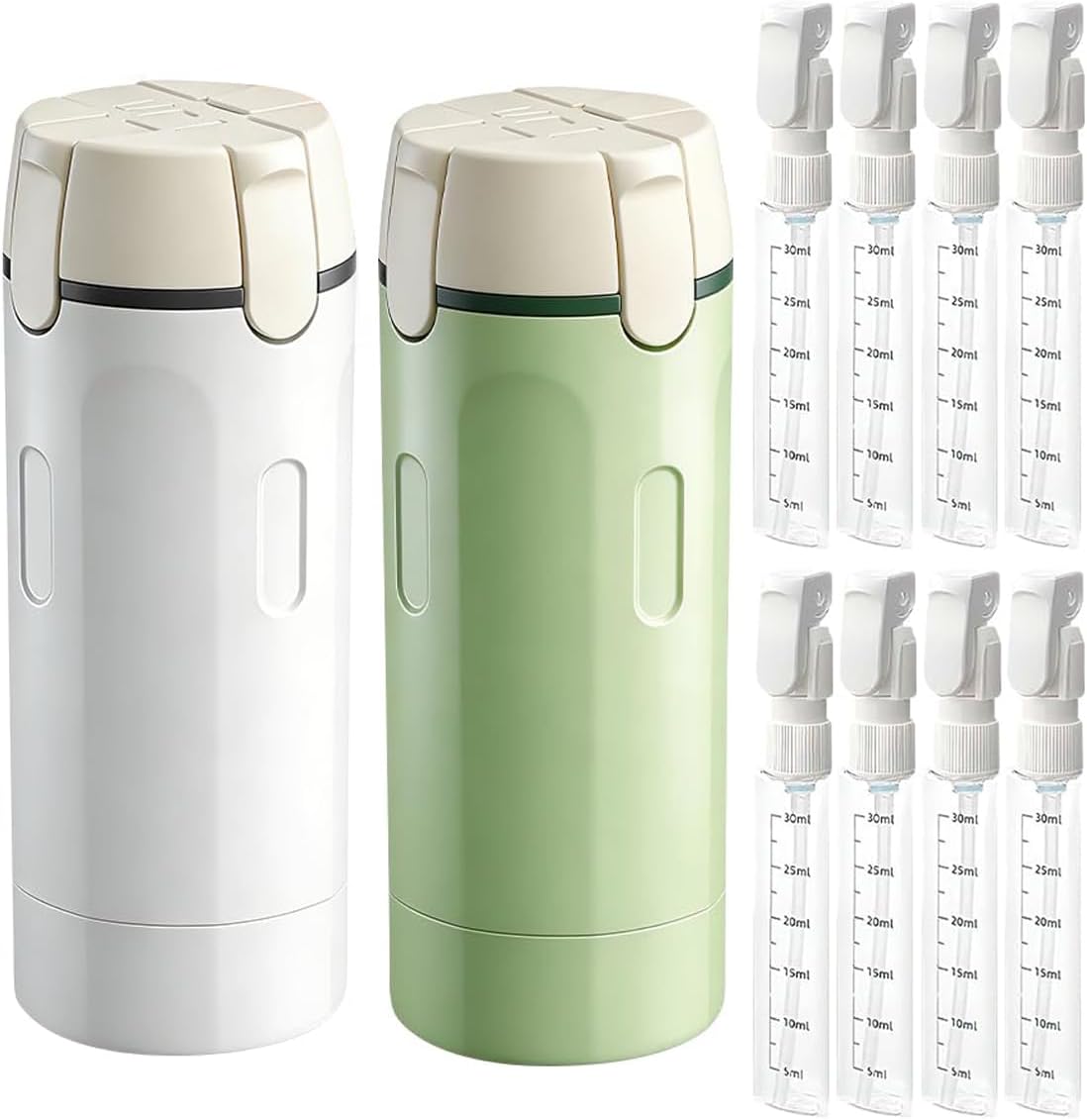 Travel Toiletry Dispenser - 4-in-1 Leak Proof Bottles with Scale & Labels | Ideal for Shampoo, Lotion, Shower Gel - White
