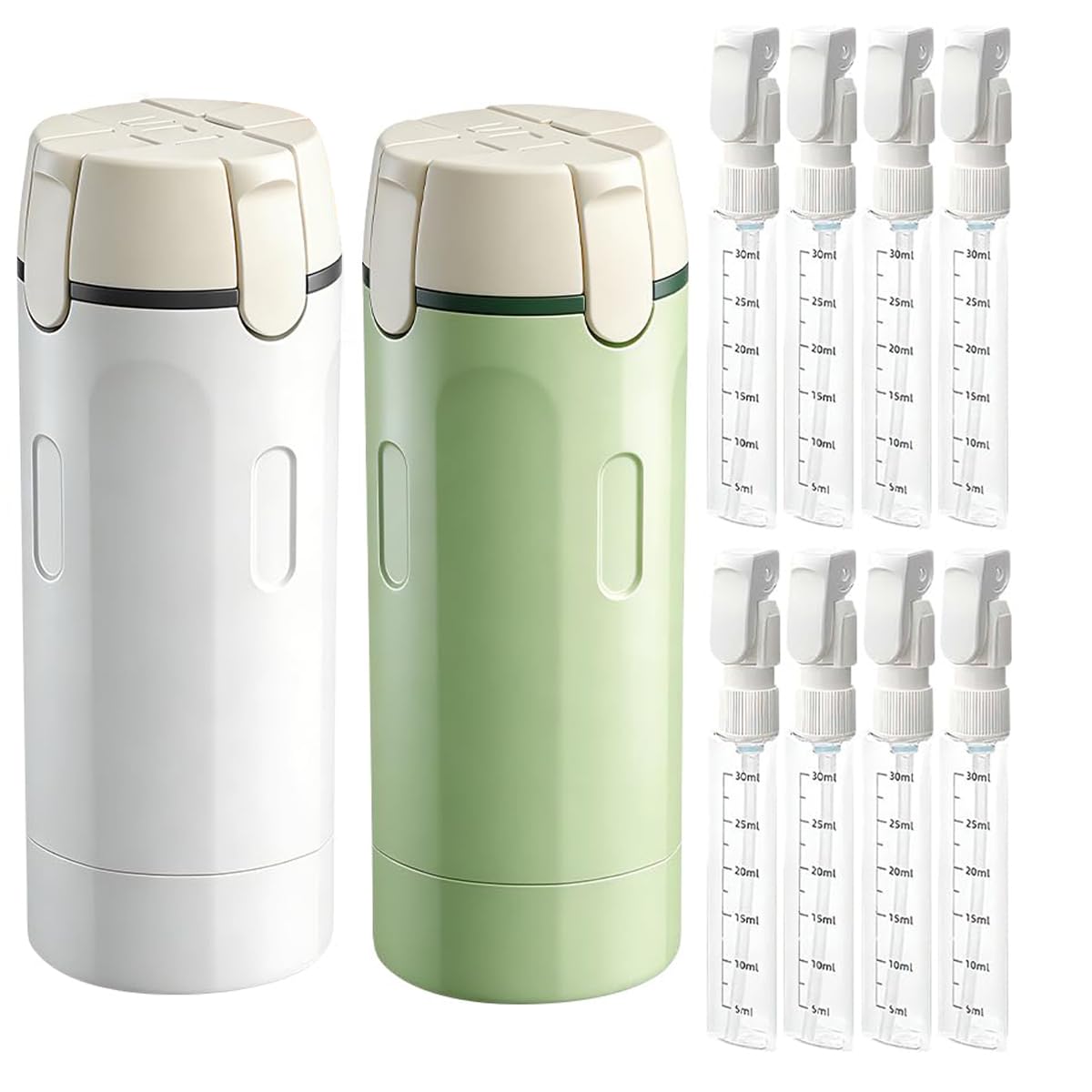 GOJWW 4 in 1 Travel Dispenser, Travel Bottles for Toiletries, Squeeze Leak Proof Dispenser Bottles with Scale and Label for Shampoo Lotion Shower Gel, Suitable for Travel, Camping and Gym(2 PC, Mixed)