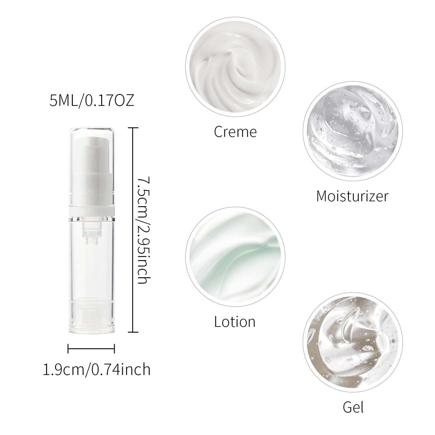 6 Pack 0.17 oz Plastic Empty Airless Pump Bottles Travel Size Refillable Leakproof Containers for Skincare Cosmetics Toiletries TSA Approved‌