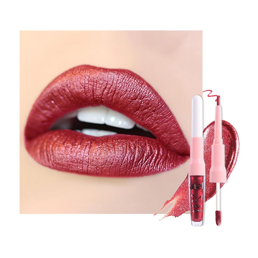 Kaely 2-in-1 Mauve Metallic Lipstick and Lip Liner Makeup, Shimmer Liquid Metallic Lipsticks for Women, Glitter Lip Gloss Stain Long Lasting Waterproof Smudge Proof 24 Hour, Vegan & Cruelty-Free, 16