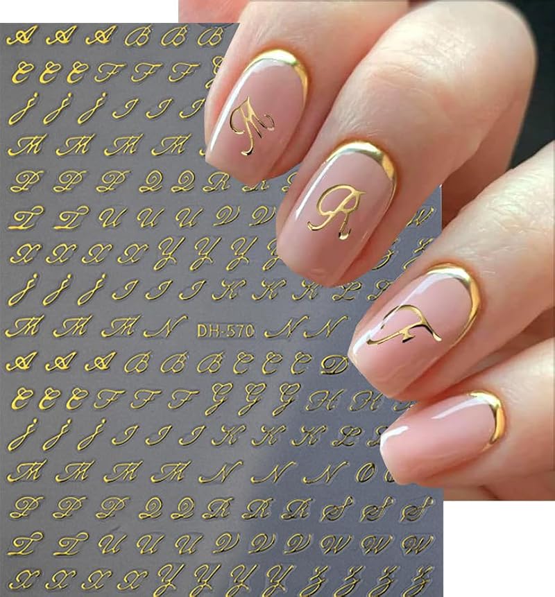 8 Sheets 3D Letter Nail Stickers - Old English Alphabet Decals