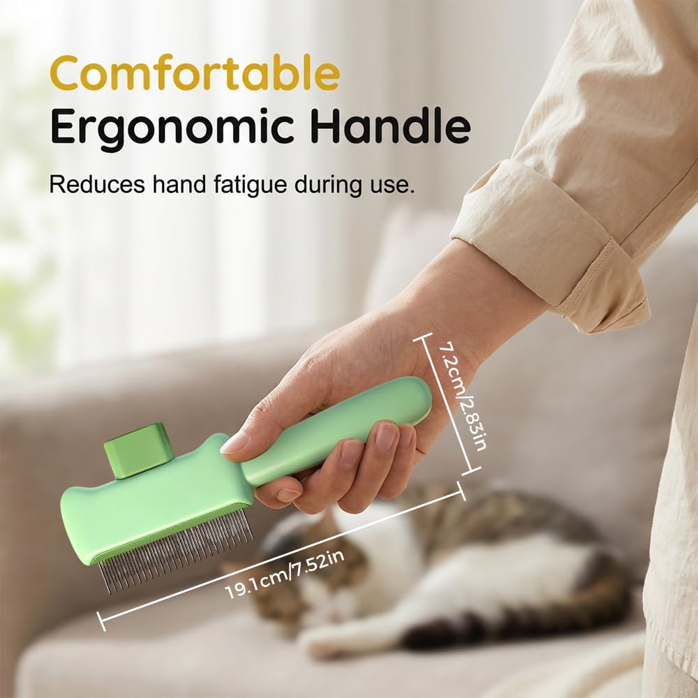 Spwejsr Cat Self Cleaning Pet Hair Removal Comb, One-Click Self-Cleaning Brush with Stainless Steel Teeth & Release Button, De-Shedding Comb for Cats & Dogs Long & Short Hair (Green- High-Low Teeth)
