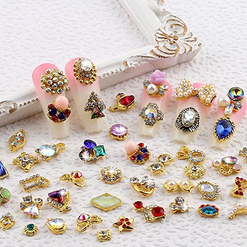 JALIYA 50pcs Gold 3D Nail Charms for Acrylic Nails – Mixed Styles, Rhinestones & Pearls (Gold)