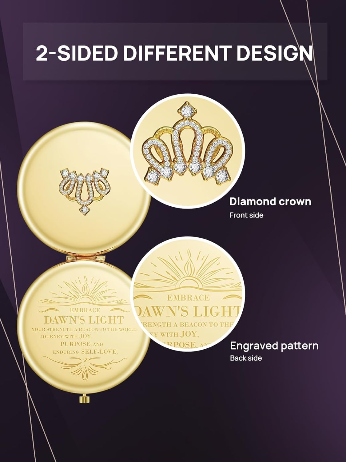 Omiro 1X/10X Magnifying Compact Mirror - Engraved Crown Design | Small Gold Pocket Makeup Mirror Gift for Women