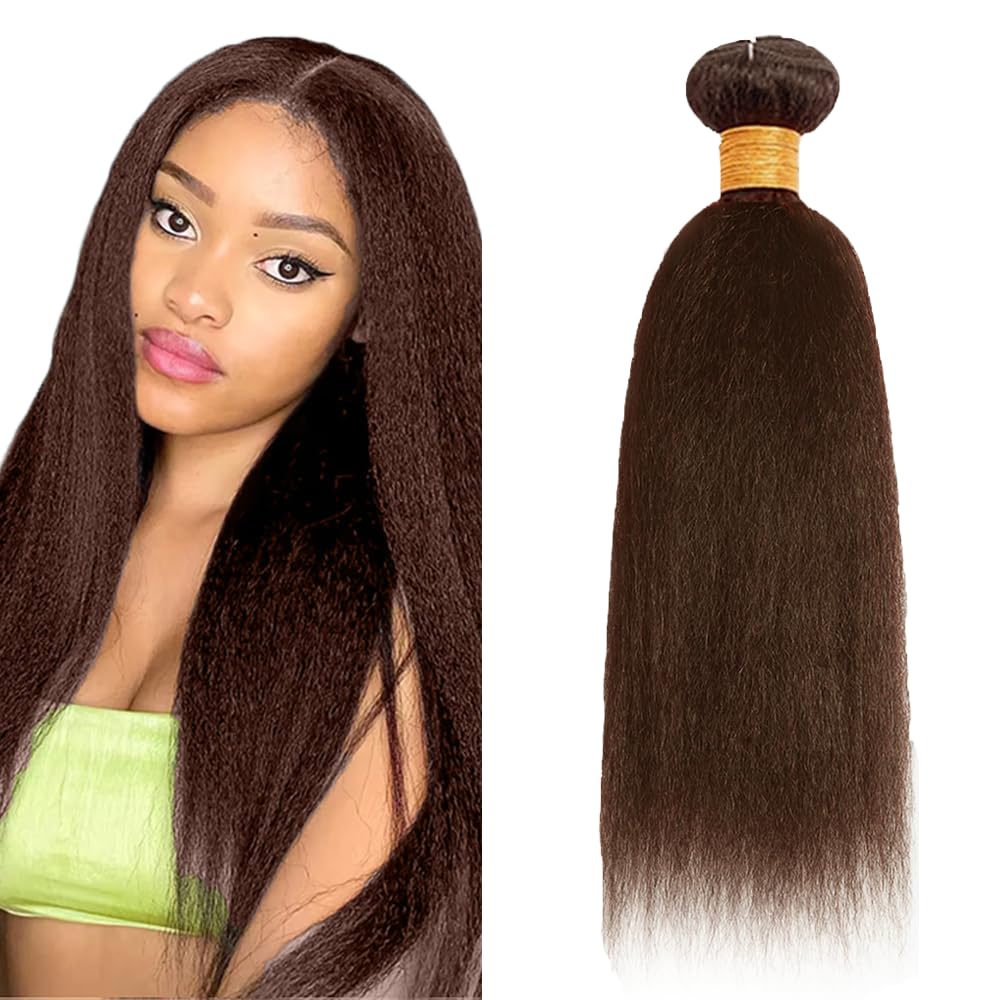 #4 Chocolate Brown Bundles Human Hair Yaki Straight Bundles 20 Inch Kinky Straight Bundles Unprocessed Brazilian Virgin Hair Deals Quick Weave Hair Extensions 1 Bundle 50 Gram Per Bundle