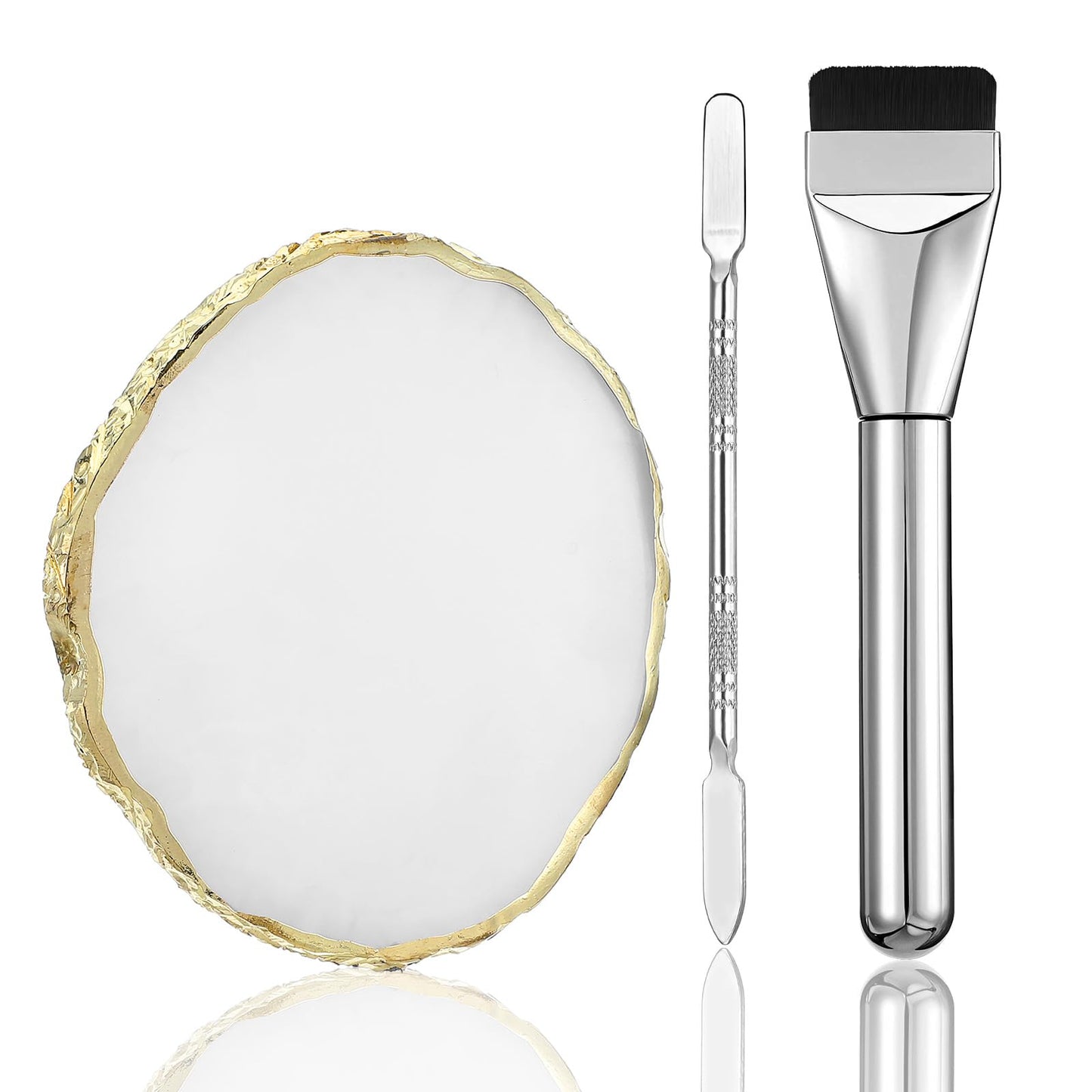 3PCS Resin Makeup Mixing Palette Set, Makeup Mixing Tray, Nail Polish Palette, Flat Foundation Brush and Spatula, DIY Gel Design Nails Eye Shadow Blending Art Tool Gold Edge