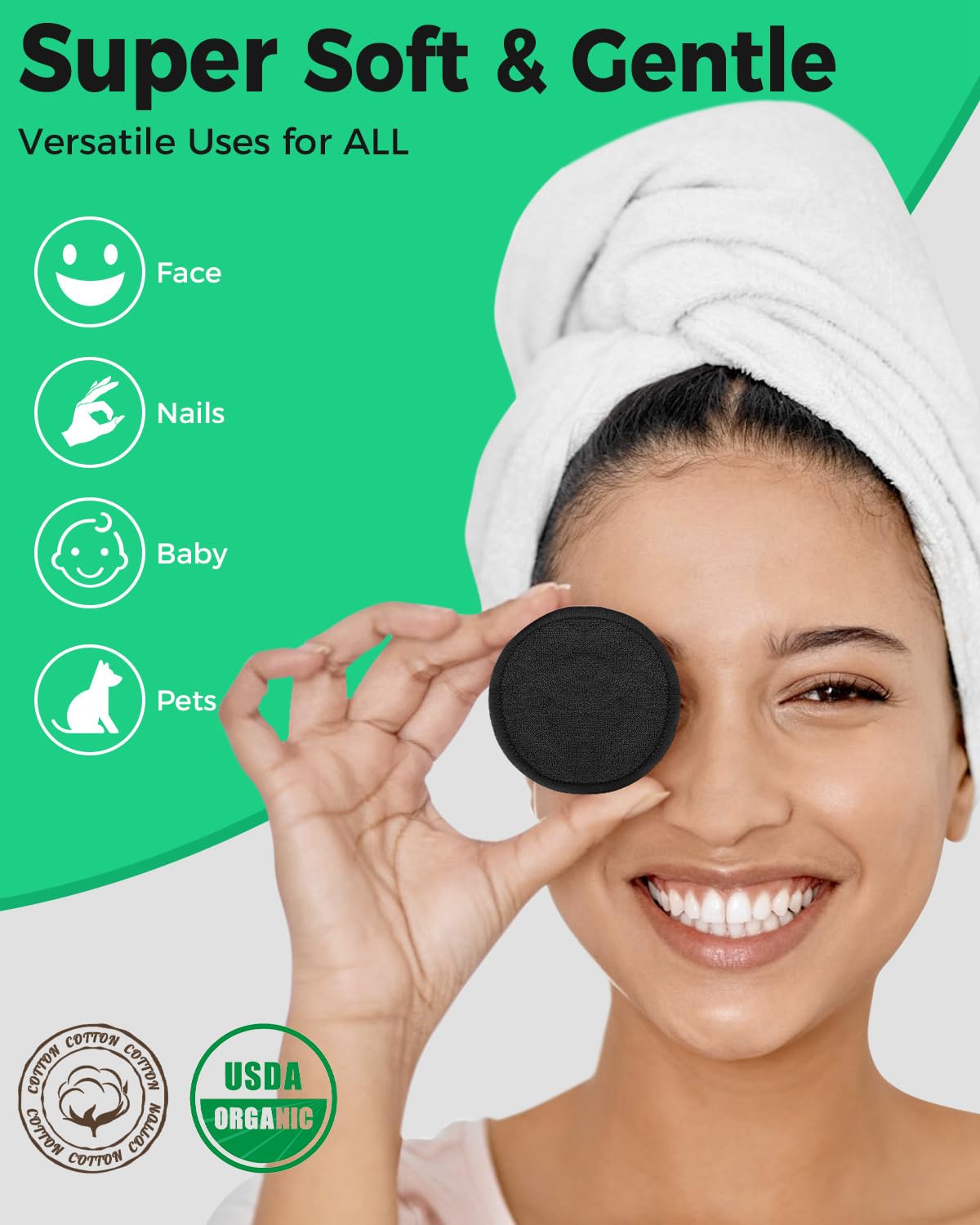 Reusable Makeup Remover Pads - 25 Pack Washable Organic Cotton Rounds for All Skin Types | Eco-Friendly Black Travel Set