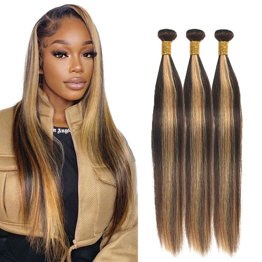 26 28 30 Inch P4/27 Highlight Blonde Bundles Human Hair Straight 3 Bundles Brazilian Remy Hair 50 Grams/Bundle 10A Grade Unprocessed Virgin Hairs Blonde Straight Bundle Weaves Extensions