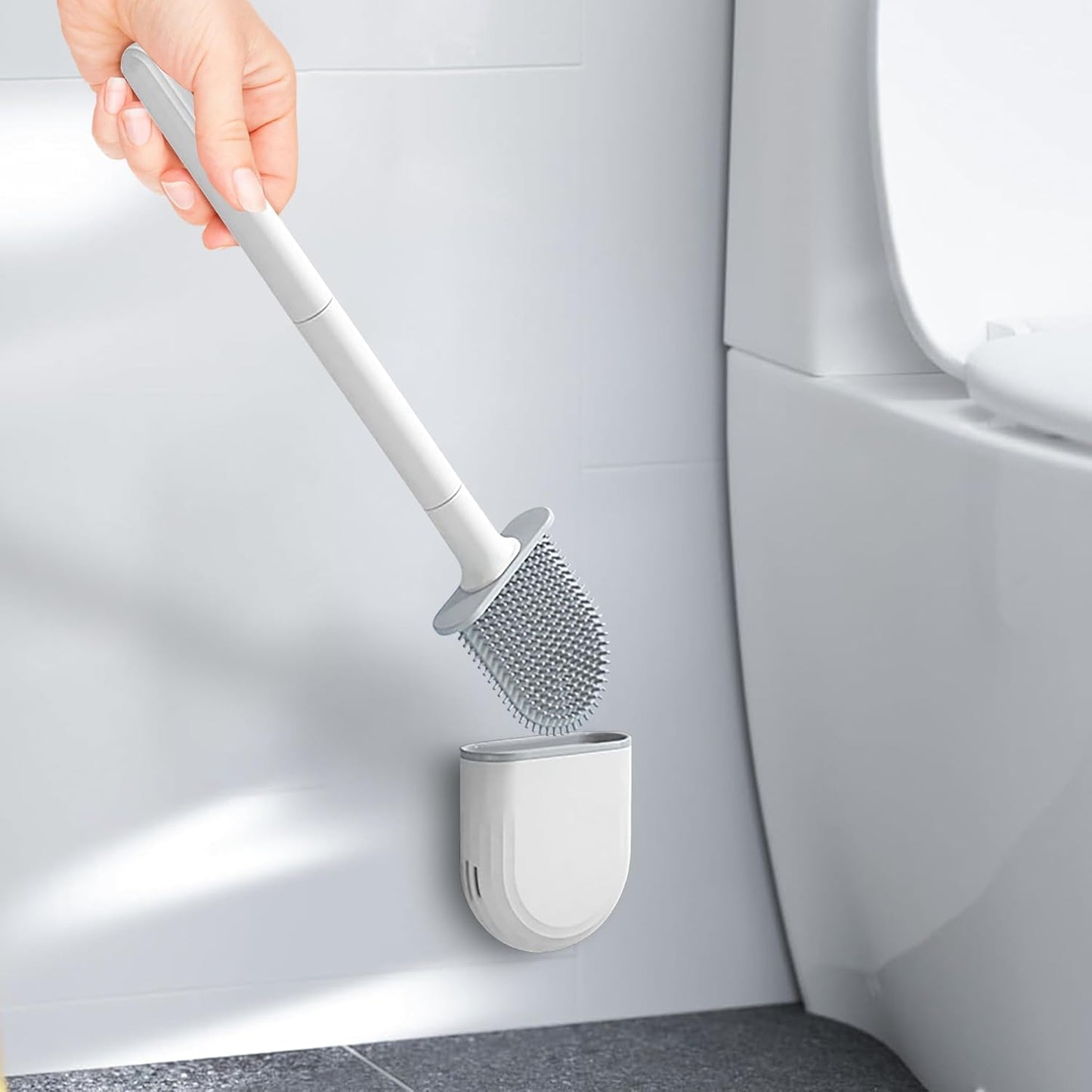 Silicone Toilet Brush with Holder, Compact Non-Scratch Bathroom Cleaning Brush for Small Spaces, Wall-Mounted Design, Organization, Ventilation Slots Base（Black/White） (White)