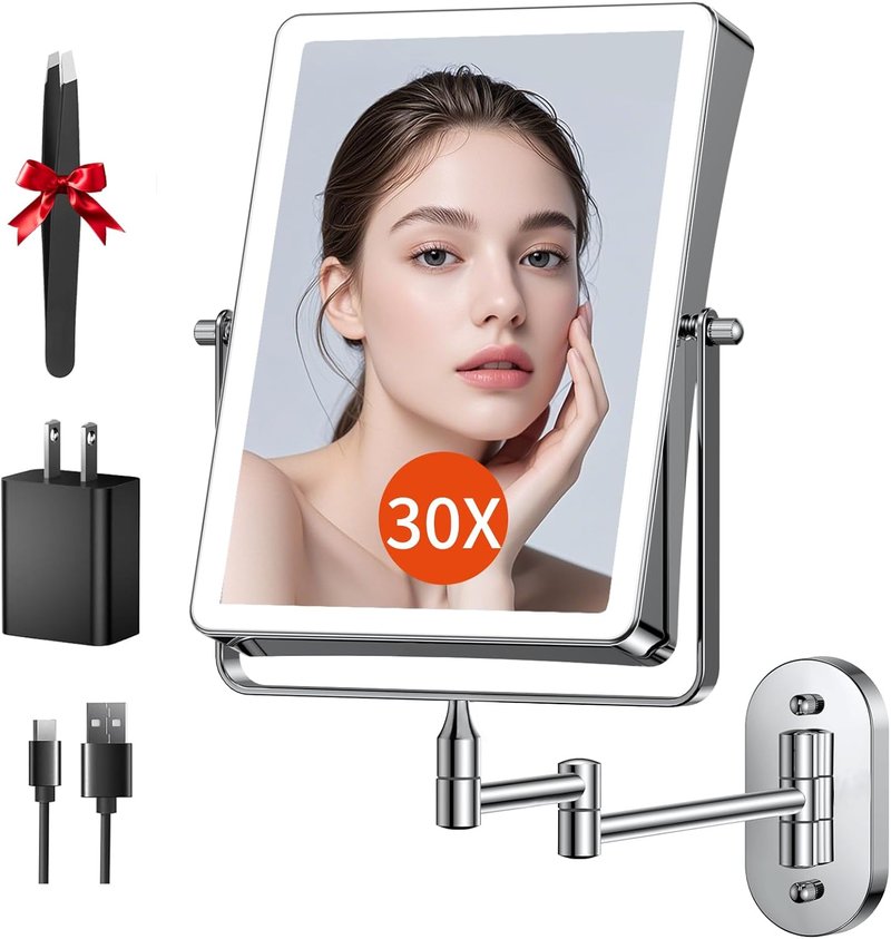 FUNTACH 5000mAh Rechargeable Makeup Mirror - 8.7" Double-Sided 1X/30X Magnification | Dimmable 3-Color Light, 360° Wall Mount