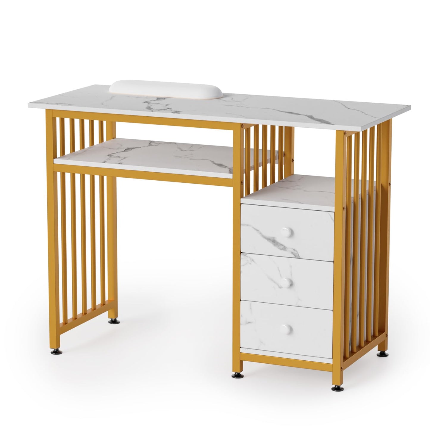 OmySalon Manicure Table w/Wooden Drawer Storage, Gold & White Marbling Nail Desk for Nail Technicians, Nail Station for Salon Spa Beauty Makeup, Acetone Resistant, 43.3'' L W/O Dust Collector