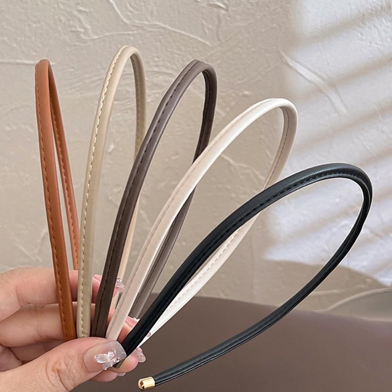 Skinny Leather Headbands for Women - Trendy No-Headache Non-Slip Hair Accessories | 5 Pcs Set (Beige/Brown/Black/White/Tan)