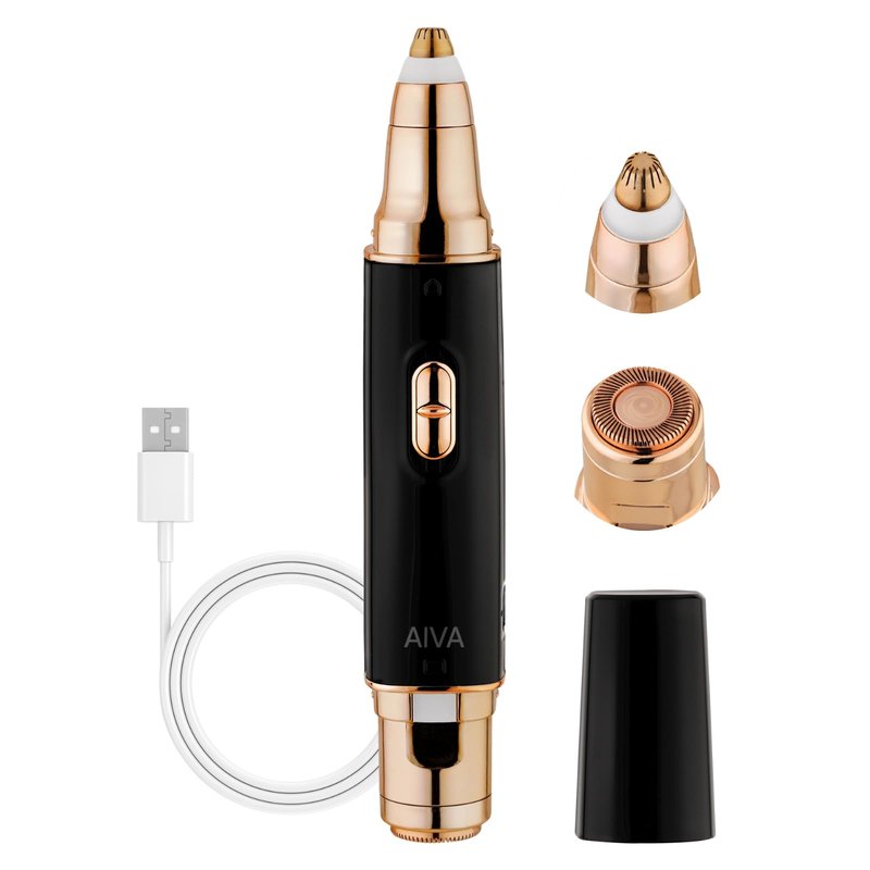 SPA SCIENCES - AIVA Deluxe – Patented Dual 2-in-1/Double Sided Facial Hair Remover & Eyebrow Trimmer USB Rechargeable with Built-in LED Lights & 2 Extra Replacement Heads
