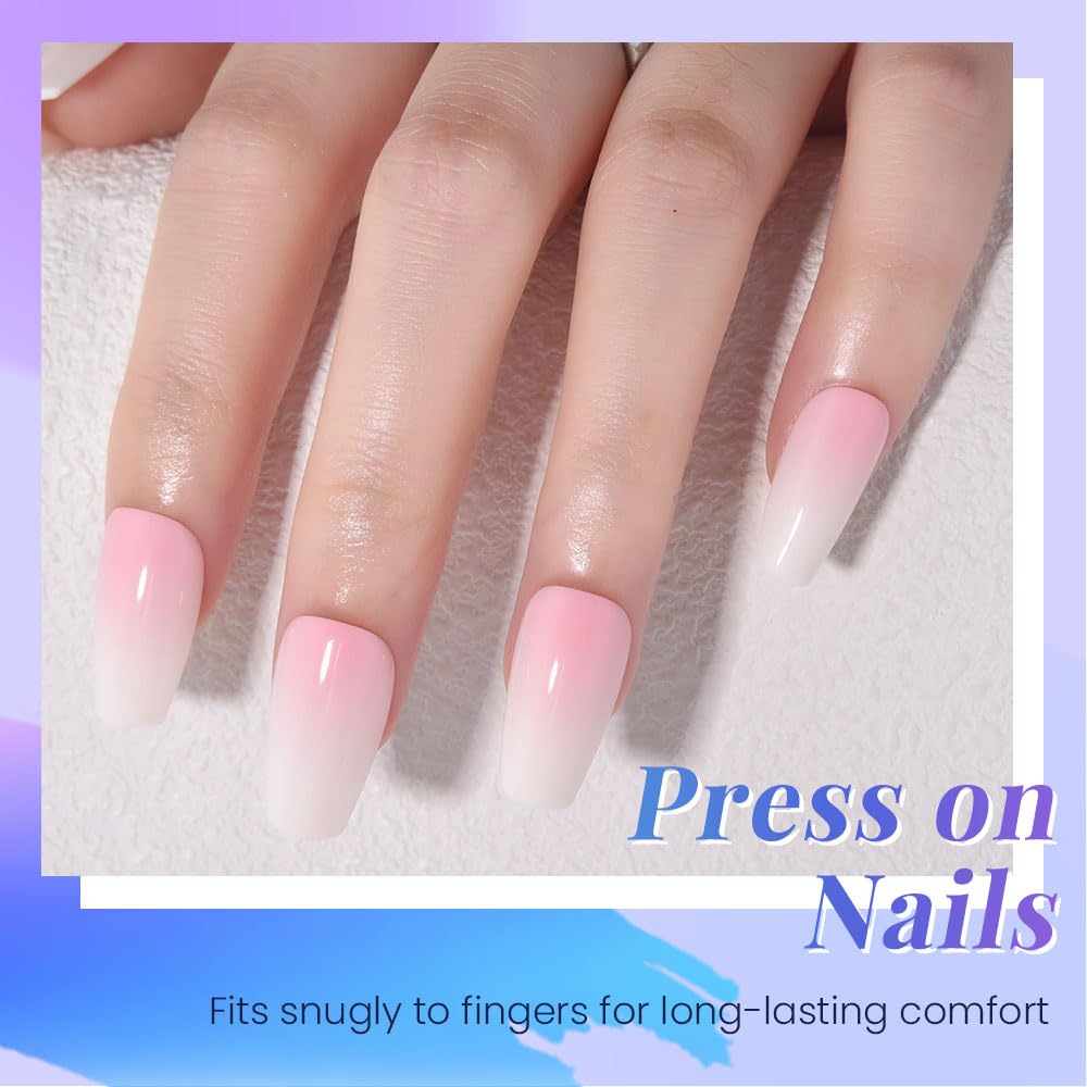 Ombre Press-On Nails - White & Light Pink Coffin Acrylic Design | 30 Pcs Reusable DIY Nail Art Kit for Women