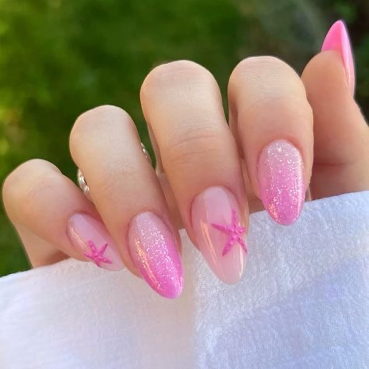 Pink Press-On Nails - 24 Pcs Short Almond White French with 3D Pearl Bow & Butterfly Design | Full Cover Acrylic Nail Art Tips for Women