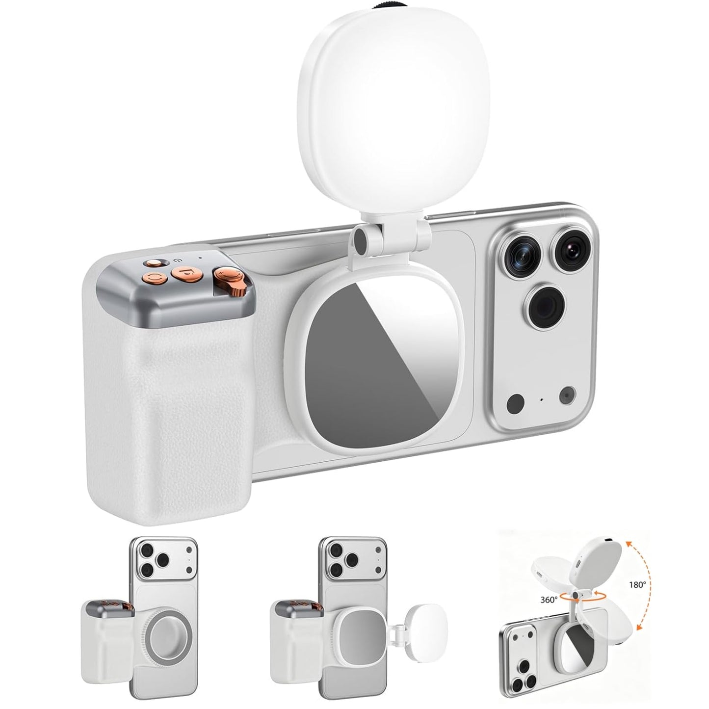 Fun Shot Magnetic Phone Camera Grip + Magnetic Selfie Light (Silver) Bundle Kit Compatible with iPhone Magsafe & Android, Creator Kit for Selfies/Photography/TikTok/Zoom Calls/Video