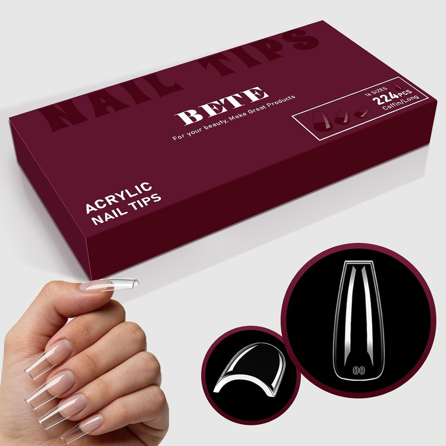 Medium Almond Clear Acrylic Nail Tips - 224 Pcs in 16 Sizes | Pre-Shaped Strong Press-On Nails for DIY Manicure