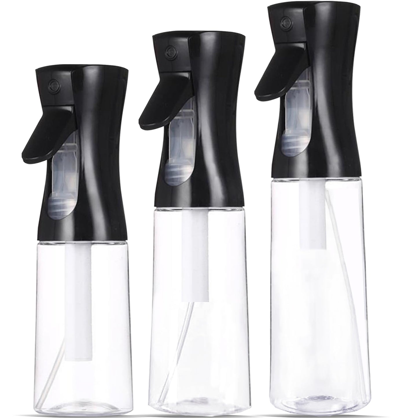DWDiWen 3 Pack Continuous Spray Bottle Atomizing Mister for Hair,Plants,Cleaning,Travel Fine Mist Water Spray Bottles for Styling,Refillable Empty Spray Bottles Black&Transparent (200ml+300ml+500ml)