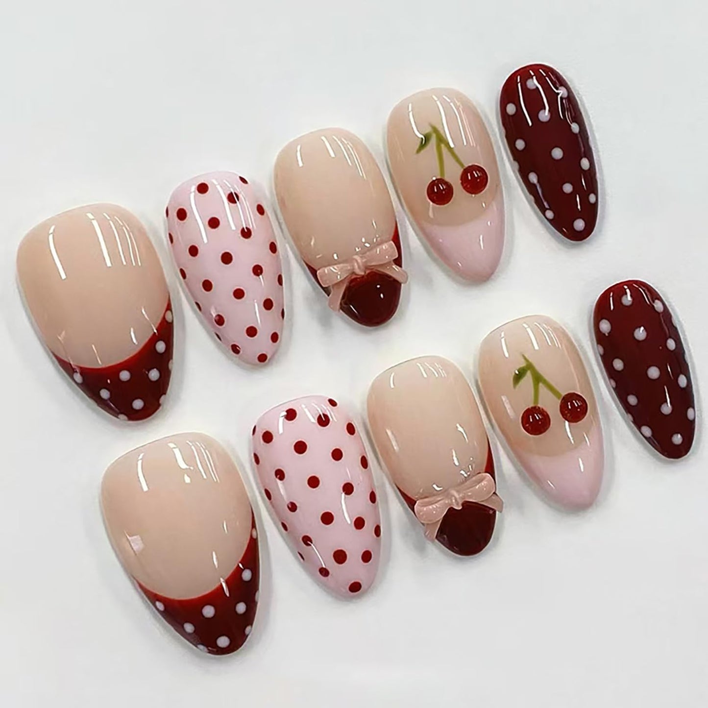 3D Blueberry Flower Press-On Nails - Medium Almond Shape with Pearl & Gold Beads | Reusable Glossy Blue French Tips for Summer Parties