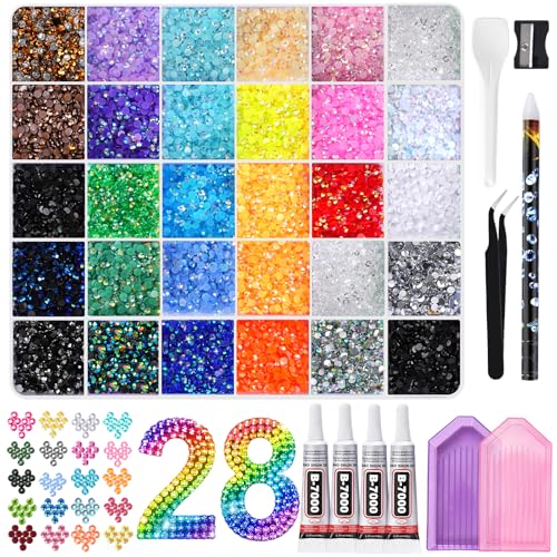Jelly AB Rhinestones Kit - 36,000 Pcs, 28 Colors, 3mm Flatback Bedazzling Stones with Jewelry Glue & Tools