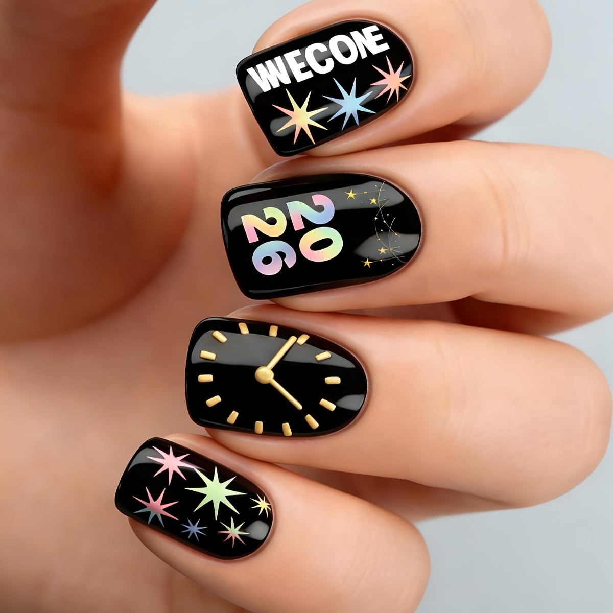 Colorful Gradient Press-On Nails | Medium Coffin Shaped Acrylic Nail Art - 24 Pcs with Rainbow Designs