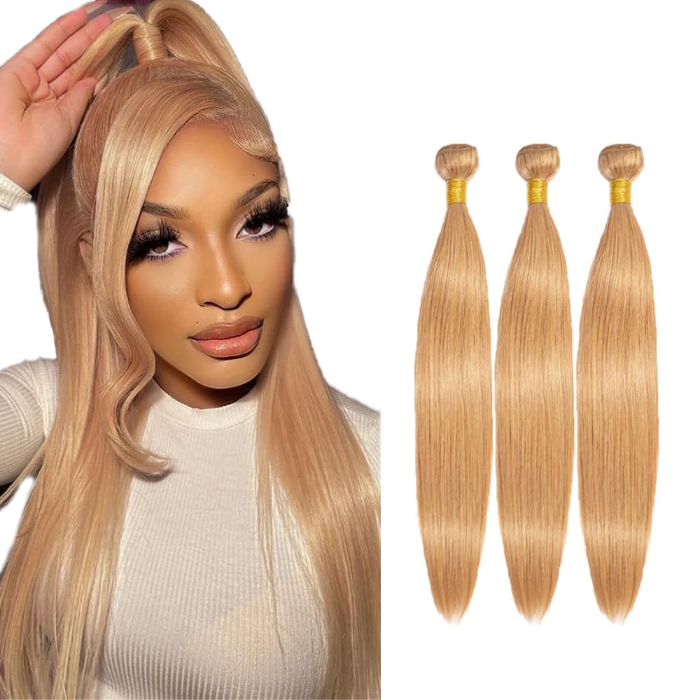 #27 Honey Blonde Bundles Human Hair Straight Bundles 20 22 24 Inch 3 Bundles Brazilian Remy Hair 50 Grams/Bundle Unprocessed Virgin Hairs Blonde Straight Bundle Weaves Extensions