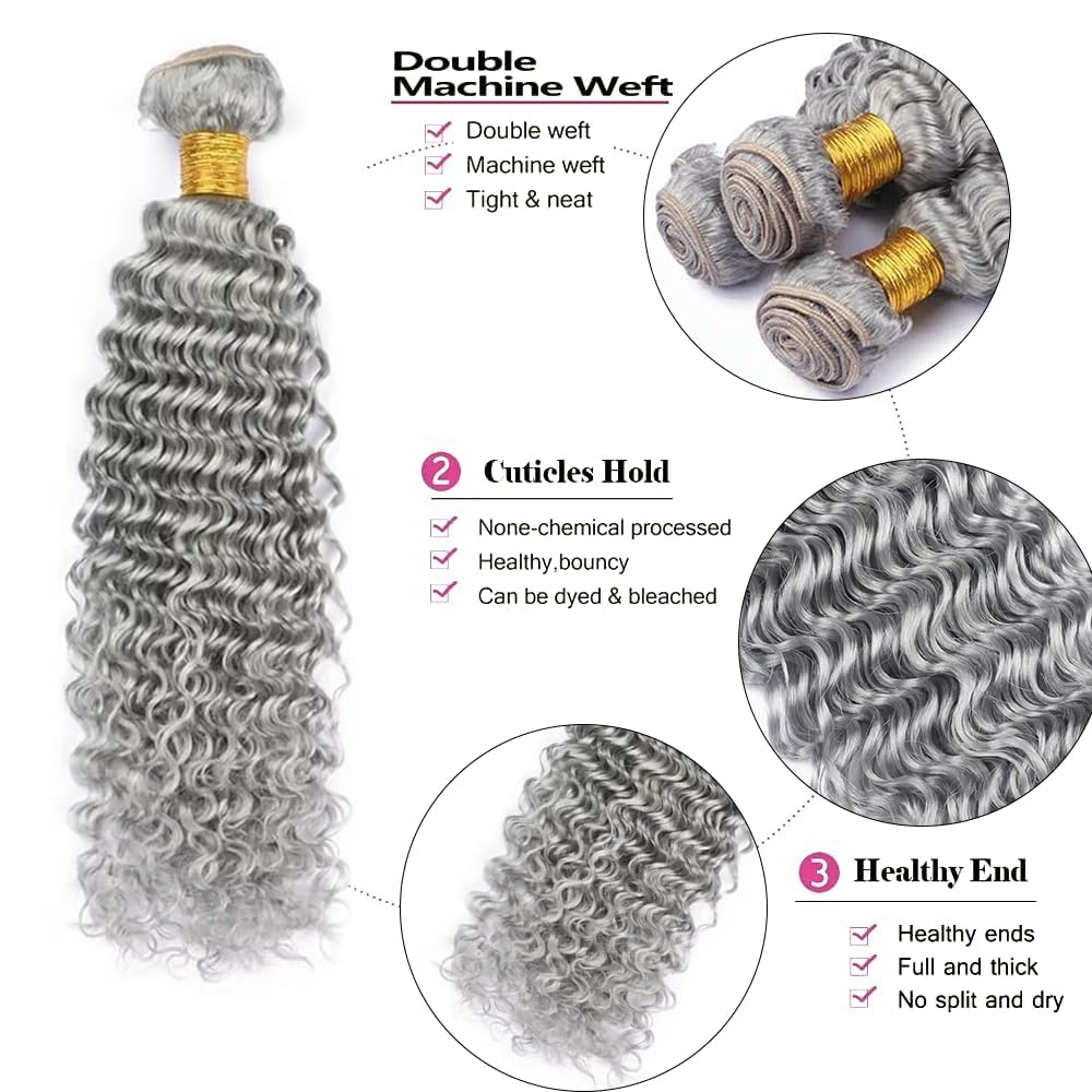 Gray Bundles Human Hair 30 32 34 Inch Silver Deep Wave Bundle Brazilian Unprocessed Virgin Hair 3 Bundles Light Grey Bundle