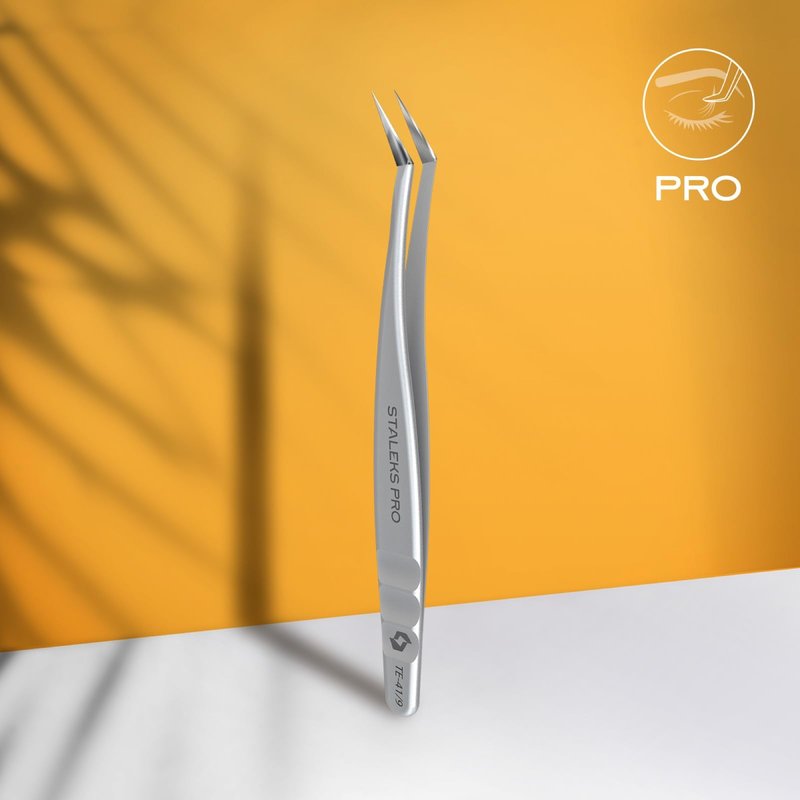 STALEKS PRO Expert 41 Type 9 Professional Eyelash Tweezers (L-Shaped 35°) – Stainless Steel for Mega-Volume 2D-8D Lash Extensions & Long Working Edges