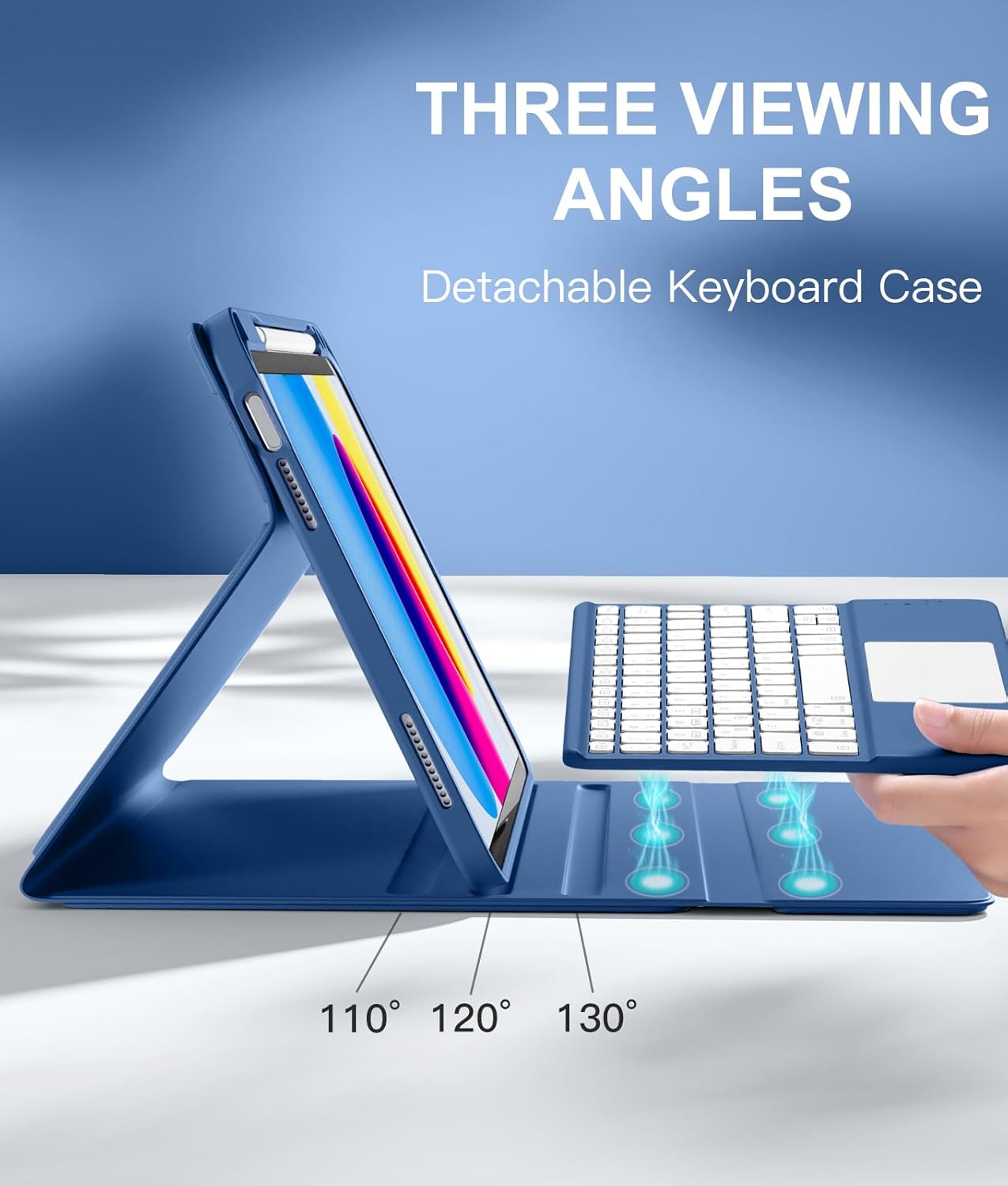 iPad 11th & 10th Gen Case with Keyboard - Folio Cover, Pencil Holder, Multi-Touch Trackpad, 7 Color Backlit | Navy Blue