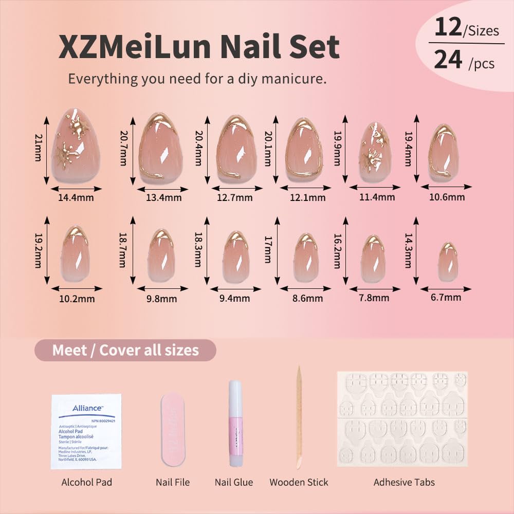 Short Almond Press-On Nails - French Tip & 3D Gold Star Design | Glossy Full Cover Acrylic, Reusable Fake Nails for Women