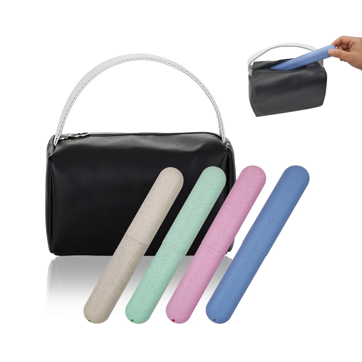 FEHNAG 4 Pack Portable Toothbrush Cases, Breathable Plastic Holders and Leather Travel Toiletry Bags, Organizers for Home, Business, Camping（black）
