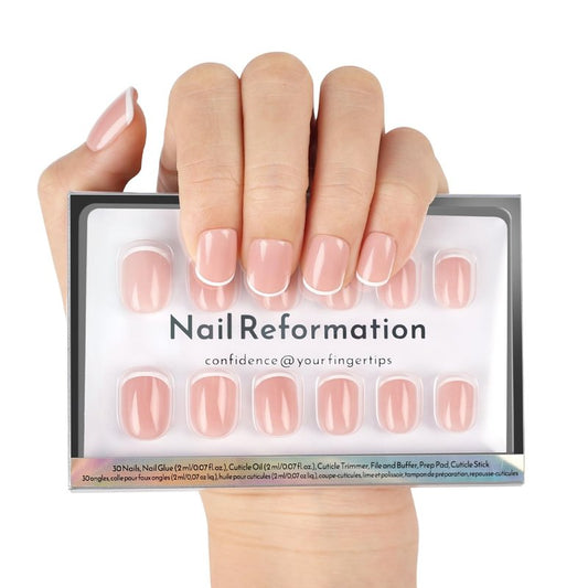 Press On Nails - She's a Natural | Short Square White French Tip on Nude Base, Glossy Finish - 30 Reusable Stick-On Nails in 15 Sizes for Women