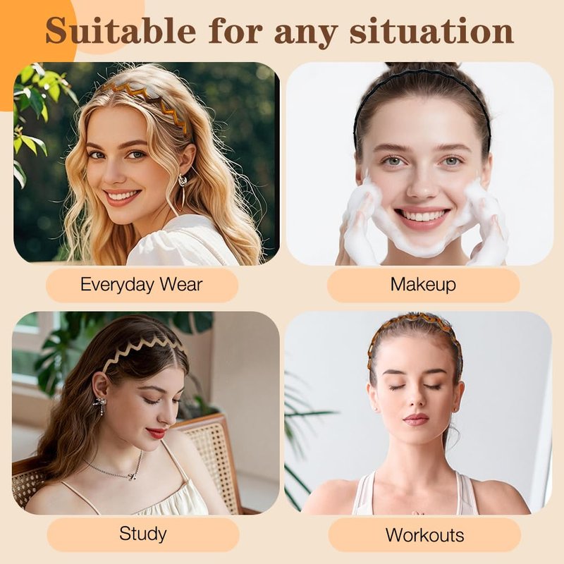 Zig Zag Headbands for Women - Non-Slip Plastic Hair Bands | 6-Pack Retro Style Hair Accessories