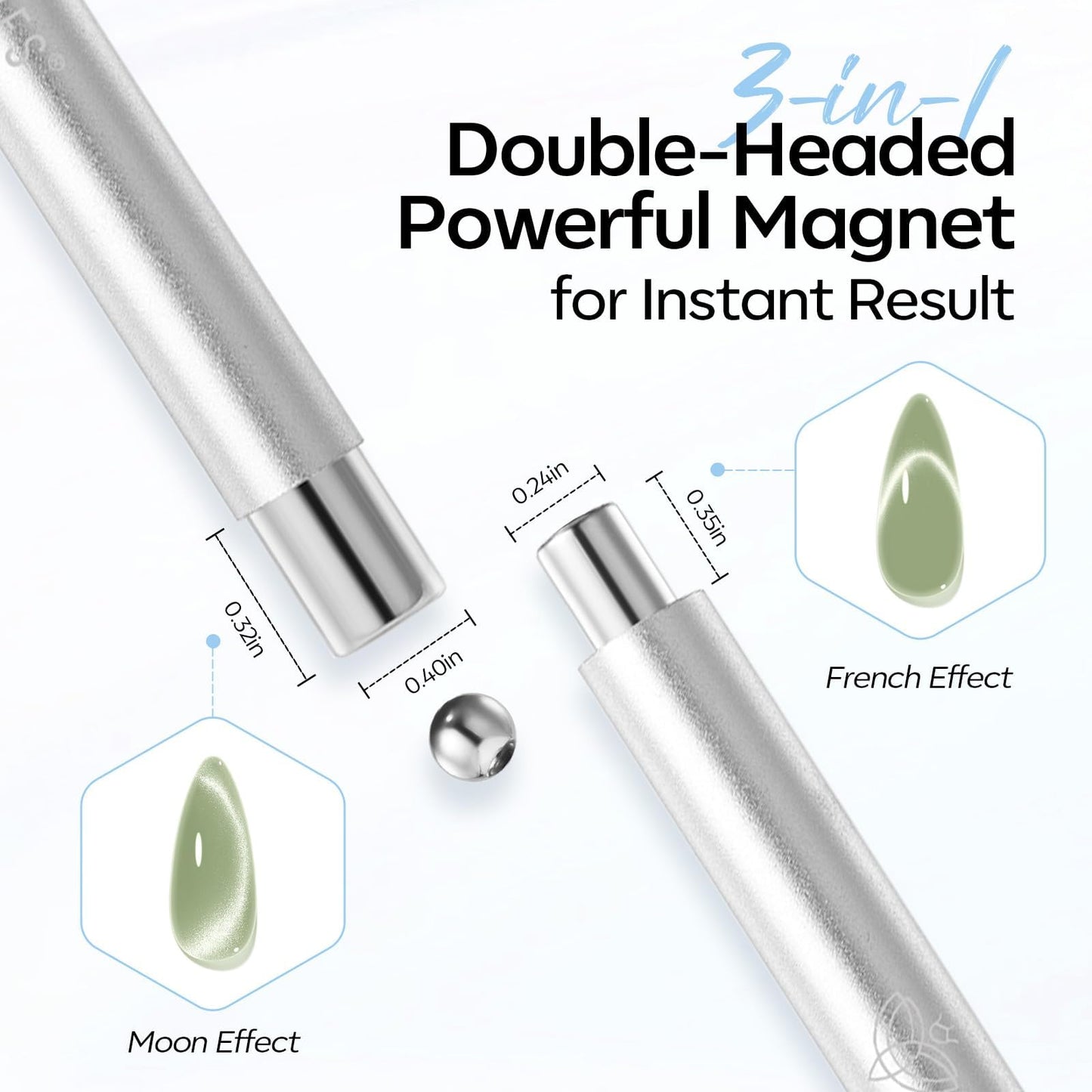 modelones Cat Eye Magnet Set, 5PCS 3-in-1 Dual-Head Nail Magnet Pen with Heart, Lightning & Ball Shapes for Cateye Gel Polish, Side Light Wide Light Glass Glow Effects, DIY Nail Art Tool