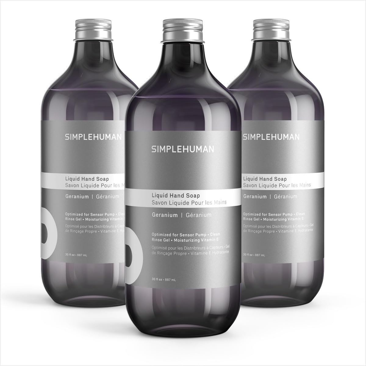 simplehuman Geranium Liquid Hand Soap Refill Bottle 3-Pack, 30 fl. oz. Each, Gentle & Refreshing Floral Rose Petal Aroma, Moisturizing Vitamin E, Sulfate & Paraben Free, for simplehuman Sensor Pump