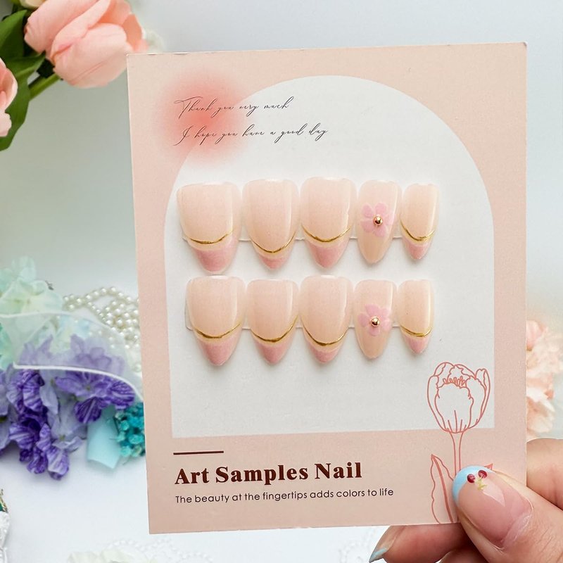 Floral Press-On Nails - 24 Pcs Short Almond French Tip | 3D Flower Designs, Nude Pink, Reusable Acrylic