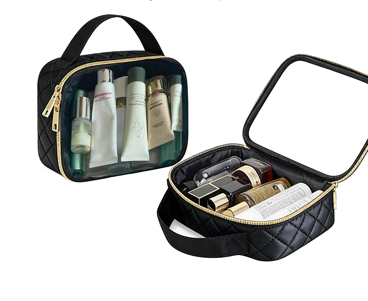 HYOOG Clear Makeup Bag with Handle, PVC Toiletry Bag for Travel, Airport Airline Compliant Cosmetic Organizer, Black with Gold Zipper (1, Black)