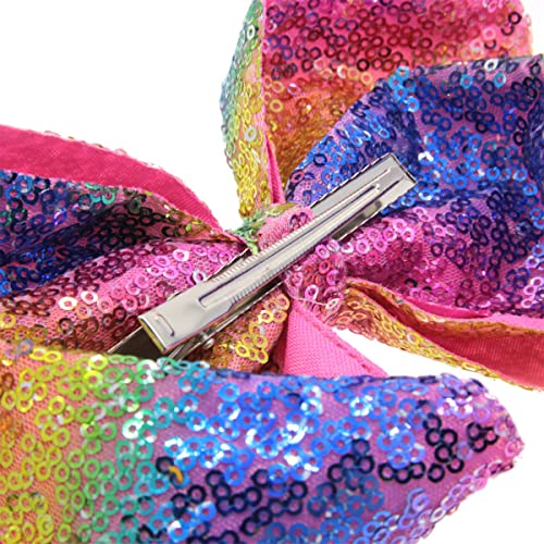 DIUEWOW Big Rainbow Sequin Hair Bows for Girls and Women - 8 Inches Glitter Alligator Clips & Pins, Pride & Festive Accessories