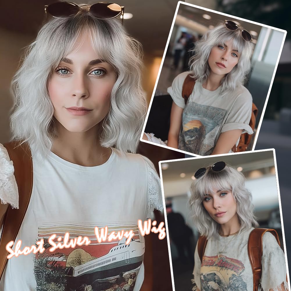 Ombre Grey Wavy Bob Wig for Women - Short Synthetic Hair with Bangs | 14 Inches, Dark Roots