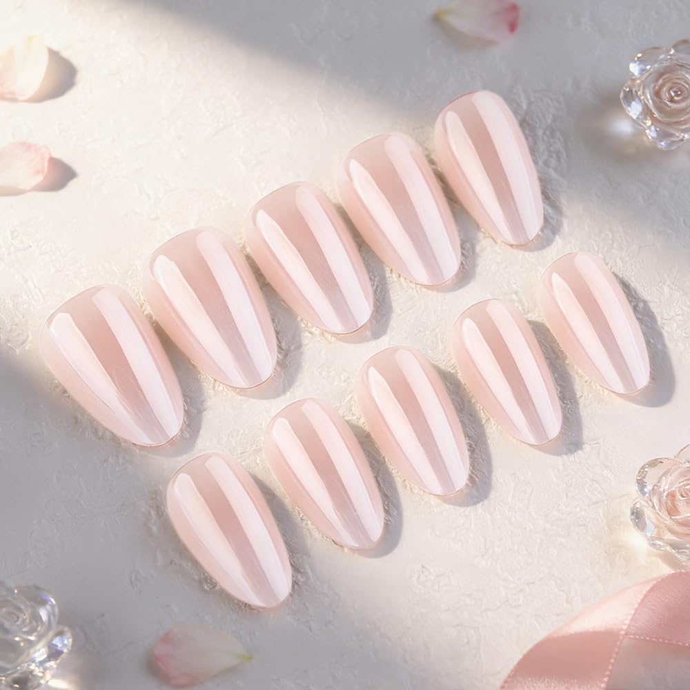 Chrome Nude Press On Nails - Short Almond Acrylic Jelly Ombre Design | Reusable Salon-Quality Stick-On Kit for Women
