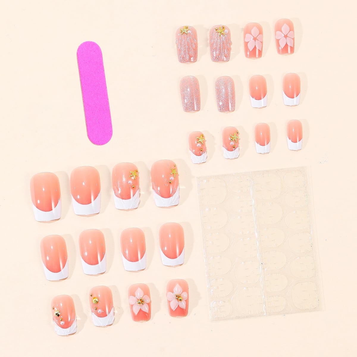 Medium Square French Tip Press-On Nails - 3D Flower & Rhinestone Designs | 24 Pcs Beach-Inspired Acrylic Set